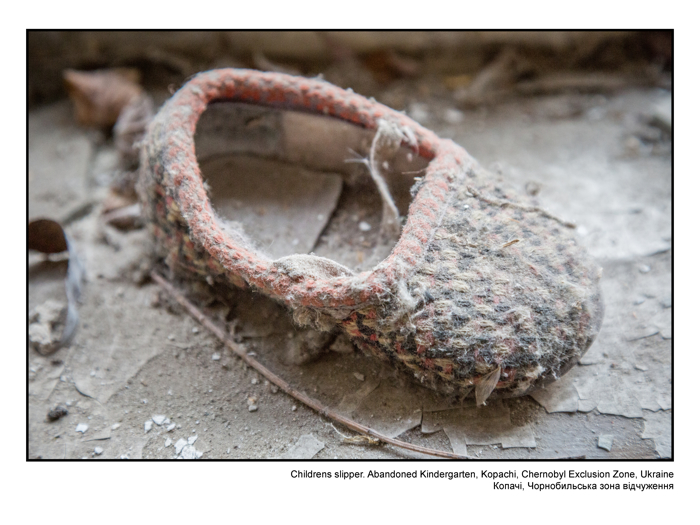 Childrens slipper. Abandonned Kindergarten, Kopachi, Chernobyl Exclusion Zone, Ukraine