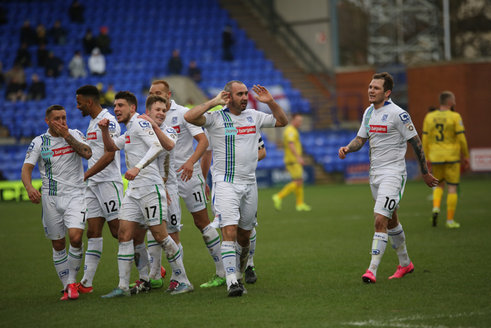 Gary Taylor-Fletcher of Tranmere Rovers celebrates his goal to make it 1-0 to Tranmere during the Vanarama National League match between Tranmere Rovers and Torquay United at Prenton Park on Saturday 30th January, 2016